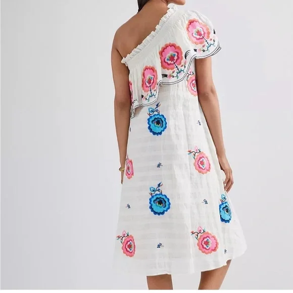 ANTHROPOLOGIE White Floral Embroidered Pullover One Shoulder Maxi Dress M - Picture 2 of 12
